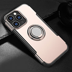 Custodia Silicone e Plastica Opaca Cover con Magnetico Supporto A08 per Apple iPhone 13 Pro Oro Rosa