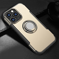 Custodia Silicone e Plastica Opaca Cover con Magnetico Supporto A08 per Apple iPhone 15 Pro Oro