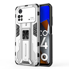 Custodia Silicone e Plastica Opaca Cover con Magnetico Supporto KC1 per Xiaomi Poco M4 Pro 4G Argento