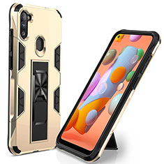 Custodia Silicone e Plastica Opaca Cover con Magnetico Supporto MQ1 per Samsung Galaxy A11 Oro