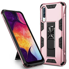 Custodia Silicone e Plastica Opaca Cover con Magnetico Supporto MQ1 per Samsung Galaxy A50 Oro Rosa