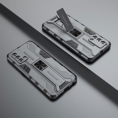 Custodia Silicone e Plastica Opaca Cover con Magnetico Supporto T01 per Oppo F19s Grigio