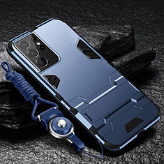 Custodia Silicone e Plastica Opaca Cover con Supporto A05 per Samsung Galaxy S21 Ultra 5G Blu
