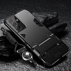 Custodia Silicone e Plastica Opaca Cover con Supporto A05 per Samsung Galaxy S21 Ultra 5G Nero