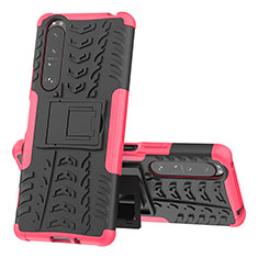 Custodia Silicone e Plastica Opaca Cover con Supporto JX1 per Sony Xperia 1 III Rosa Caldo