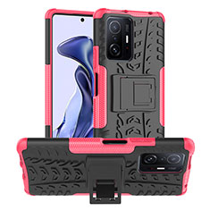 Custodia Silicone e Plastica Opaca Cover con Supporto JX1 per Xiaomi Mi 11T Pro 5G Rosa Caldo