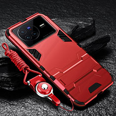 Custodia Silicone e Plastica Opaca Cover con Supporto R01 per Vivo X80 5G Rosso