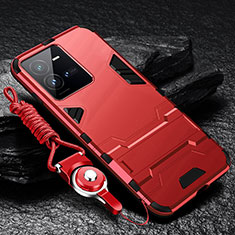 Custodia Silicone e Plastica Opaca Cover con Supporto R01 per Vivo X80 Lite 5G Rosso