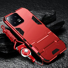 Custodia Silicone e Plastica Opaca Cover con Supporto R01 per Xiaomi Mi 13 5G Rosso