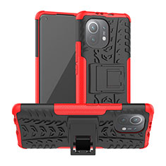 Custodia Silicone e Plastica Opaca Cover con Supporto R06 per Xiaomi Mi 11 Lite 4G Rosso