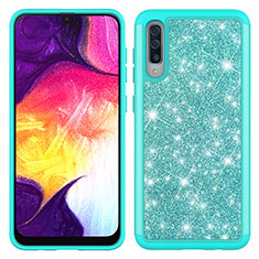 Custodia Silicone e Plastica Opaca Cover Fronte e Retro 360 Gradi Bling-Bling JX1 per Samsung Galaxy A50S Ciano