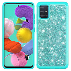 Custodia Silicone e Plastica Opaca Cover Fronte e Retro 360 Gradi Bling-Bling JX1 per Samsung Galaxy A51 4G Ciano