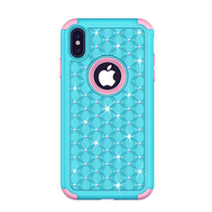 Custodia Silicone e Plastica Opaca Cover Fronte e Retro 360 Gradi Bling-Bling per Apple iPhone X Blu