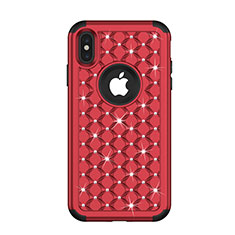 Custodia Silicone e Plastica Opaca Cover Fronte e Retro 360 Gradi Bling-Bling per Apple iPhone X Rosso