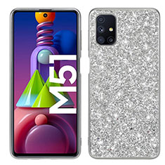 Custodia Silicone e Plastica Opaca Cover Fronte e Retro 360 Gradi Bling-Bling per Samsung Galaxy M51 Argento
