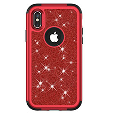 Custodia Silicone e Plastica Opaca Cover Fronte e Retro 360 Gradi Bling-Bling U01 per Apple iPhone X Rosso