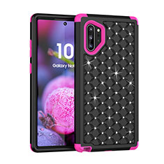 Custodia Silicone e Plastica Opaca Cover Fronte e Retro 360 Gradi Bling-Bling U01 per Samsung Galaxy Note 10 Plus 5G Rosa Caldo