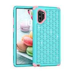 Custodia Silicone e Plastica Opaca Cover Fronte e Retro 360 Gradi Bling-Bling U01 per Samsung Galaxy Note 10 Plus Ciano