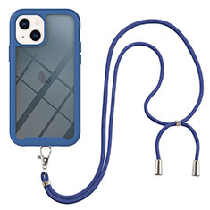 Custodia Silicone e Plastica Opaca Cover Fronte e Retro 360 Gradi con Cinghia Cordino Mano per Apple iPhone 13 Blu