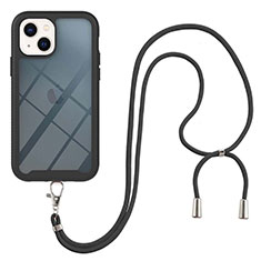 Custodia Silicone e Plastica Opaca Cover Fronte e Retro 360 Gradi con Cinghia Cordino Mano per Apple iPhone 13 Nero