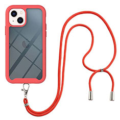 Custodia Silicone e Plastica Opaca Cover Fronte e Retro 360 Gradi con Cinghia Cordino Mano per Apple iPhone 13 Rosso