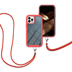 Custodia Silicone e Plastica Opaca Cover Fronte e Retro 360 Gradi con Cinghia Cordino Mano per Apple iPhone 14 Pro Max Rosso