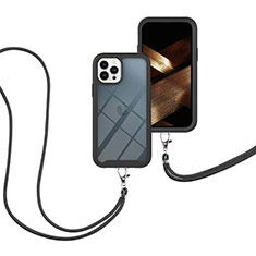 Custodia Silicone e Plastica Opaca Cover Fronte e Retro 360 Gradi con Cinghia Cordino Mano per Apple iPhone 14 Pro Nero