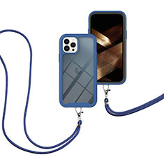 Custodia Silicone e Plastica Opaca Cover Fronte e Retro 360 Gradi con Cinghia Cordino Mano per Apple iPhone 15 Pro Blu