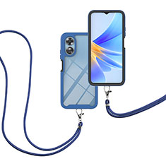 Custodia Silicone e Plastica Opaca Cover Fronte e Retro 360 Gradi con Cinghia Cordino Mano per Oppo A17 Blu