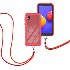 Custodia Silicone e Plastica Opaca Cover Fronte e Retro 360 Gradi con Cinghia Cordino Mano per Samsung Galaxy A01 Core Rosso