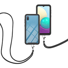 Custodia Silicone e Plastica Opaca Cover Fronte e Retro 360 Gradi con Cinghia Cordino Mano per Samsung Galaxy A02 Nero