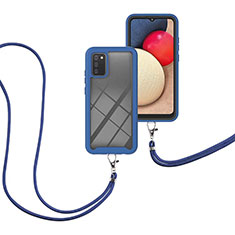 Custodia Silicone e Plastica Opaca Cover Fronte e Retro 360 Gradi con Cinghia Cordino Mano per Samsung Galaxy A02s Blu