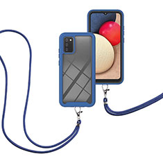 Custodia Silicone e Plastica Opaca Cover Fronte e Retro 360 Gradi con Cinghia Cordino Mano per Samsung Galaxy A03s Blu