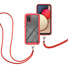 Custodia Silicone e Plastica Opaca Cover Fronte e Retro 360 Gradi con Cinghia Cordino Mano per Samsung Galaxy A03s Rosso