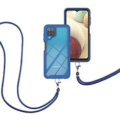 Custodia Silicone e Plastica Opaca Cover Fronte e Retro 360 Gradi con Cinghia Cordino Mano per Samsung Galaxy A12 Blu
