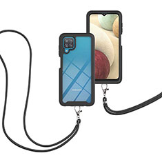 Custodia Silicone e Plastica Opaca Cover Fronte e Retro 360 Gradi con Cinghia Cordino Mano per Samsung Galaxy A12 Nero