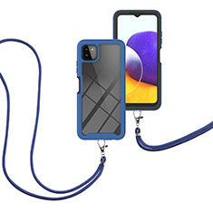 Custodia Silicone e Plastica Opaca Cover Fronte e Retro 360 Gradi con Cinghia Cordino Mano per Samsung Galaxy A22 5G Blu