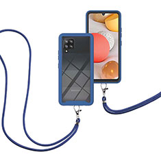 Custodia Silicone e Plastica Opaca Cover Fronte e Retro 360 Gradi con Cinghia Cordino Mano per Samsung Galaxy A42 5G Blu