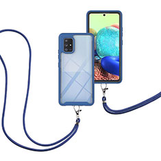 Custodia Silicone e Plastica Opaca Cover Fronte e Retro 360 Gradi con Cinghia Cordino Mano per Samsung Galaxy A71 4G A715 Blu