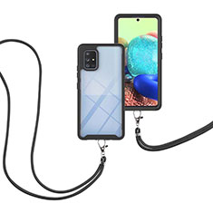 Custodia Silicone e Plastica Opaca Cover Fronte e Retro 360 Gradi con Cinghia Cordino Mano per Samsung Galaxy A71 4G A715 Nero