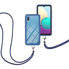 Custodia Silicone e Plastica Opaca Cover Fronte e Retro 360 Gradi con Cinghia Cordino Mano per Samsung Galaxy M02 Blu
