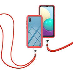 Custodia Silicone e Plastica Opaca Cover Fronte e Retro 360 Gradi con Cinghia Cordino Mano per Samsung Galaxy M02 Rosso