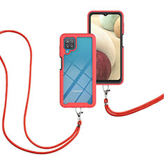 Custodia Silicone e Plastica Opaca Cover Fronte e Retro 360 Gradi con Cinghia Cordino Mano per Samsung Galaxy M12 Rosso