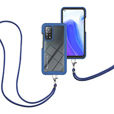 Custodia Silicone e Plastica Opaca Cover Fronte e Retro 360 Gradi con Cinghia Cordino Mano per Xiaomi Mi 10T 5G Blu