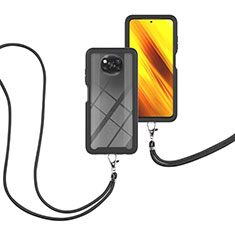 Custodia Silicone e Plastica Opaca Cover Fronte e Retro 360 Gradi con Cinghia Cordino Mano per Xiaomi Poco X3 NFC Nero