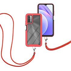 Custodia Silicone e Plastica Opaca Cover Fronte e Retro 360 Gradi con Cinghia Cordino Mano per Xiaomi Redmi 9 Power Rosso