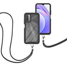 Custodia Silicone e Plastica Opaca Cover Fronte e Retro 360 Gradi con Cinghia Cordino Mano per Xiaomi Redmi 9T 4G Nero