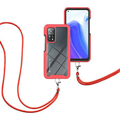 Custodia Silicone e Plastica Opaca Cover Fronte e Retro 360 Gradi con Cinghia Cordino Mano per Xiaomi Redmi K30S 5G Rosso