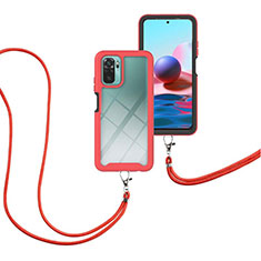 Custodia Silicone e Plastica Opaca Cover Fronte e Retro 360 Gradi con Cinghia Cordino Mano per Xiaomi Redmi Note 10 4G Rosso