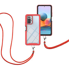 Custodia Silicone e Plastica Opaca Cover Fronte e Retro 360 Gradi con Cinghia Cordino Mano per Xiaomi Redmi Note 10 Pro 4G Rosso
